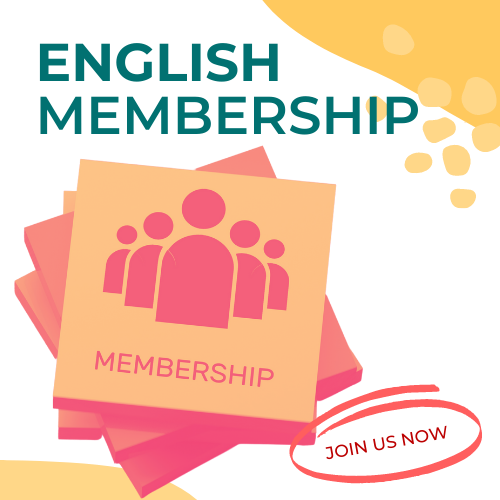 Stylized half-height human figures on post-it pad with English Membership and Join Us Now text.