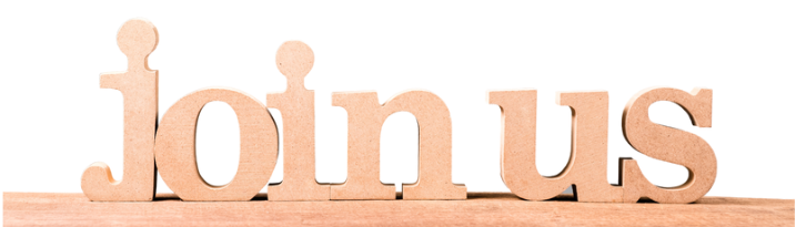 Join Us wooden sign on white background promoting English language memberships