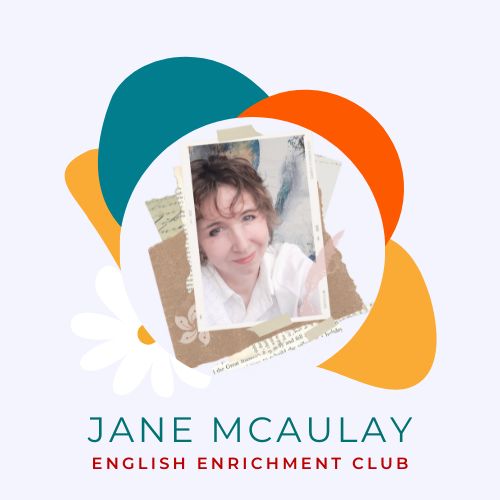 Jane McAulay, founder of English Enrichment Club—a flexible English language learning platform— in front of a colorful abstract background