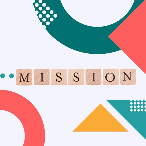 Image of various shapes in brand colors (teal, vermillion, and yellow ochre) on a pale background with wooden Scrabble letters spelling out the word "Mission" in the centre.