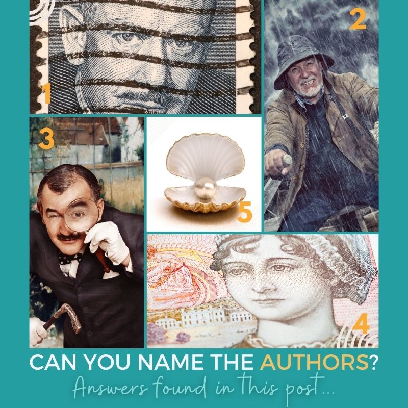 Literature for ESL students photo collage: five photos featuring notable authors and literary symbols