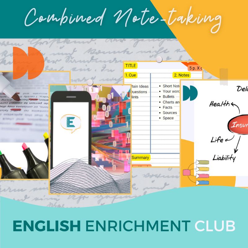 Note-taking: Combined Strategies - featuring highlighters, mobile apps, Cornell method, and mind mapping on handwriting background
