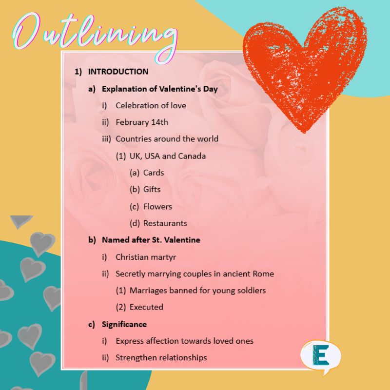 Note-taking image of an outline for an introduction to Valentine's Day against a rose background and coloured shapes.