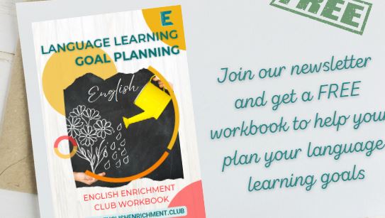 "Language learning and goal planning book with a newsletter sign-up offer