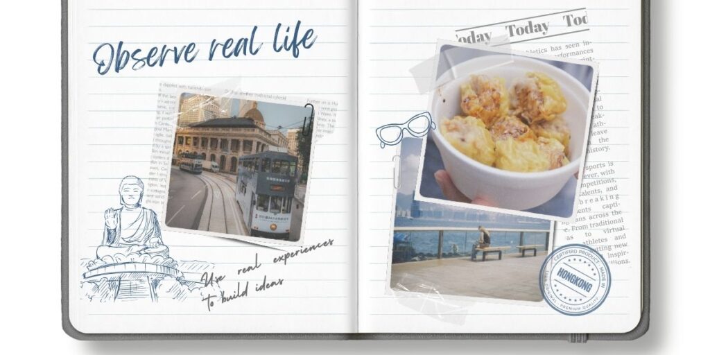 Open notebook with travel photos showing how real-life observation helps students express ideas in English