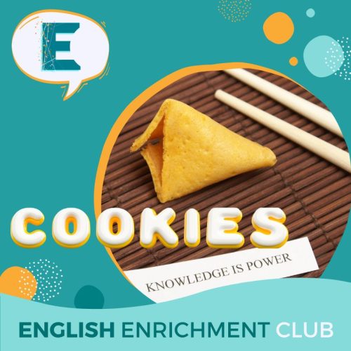 Cookies Notice: Fortune cookie, chopsticks, and 'knowledge is power' circular frame with English Enrichment logo