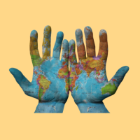 Hands with world map painted on them, symbolizing new opportunities for English language learning online.