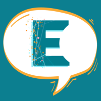Teal letter "E" in a white speech bubble with an orange outline.